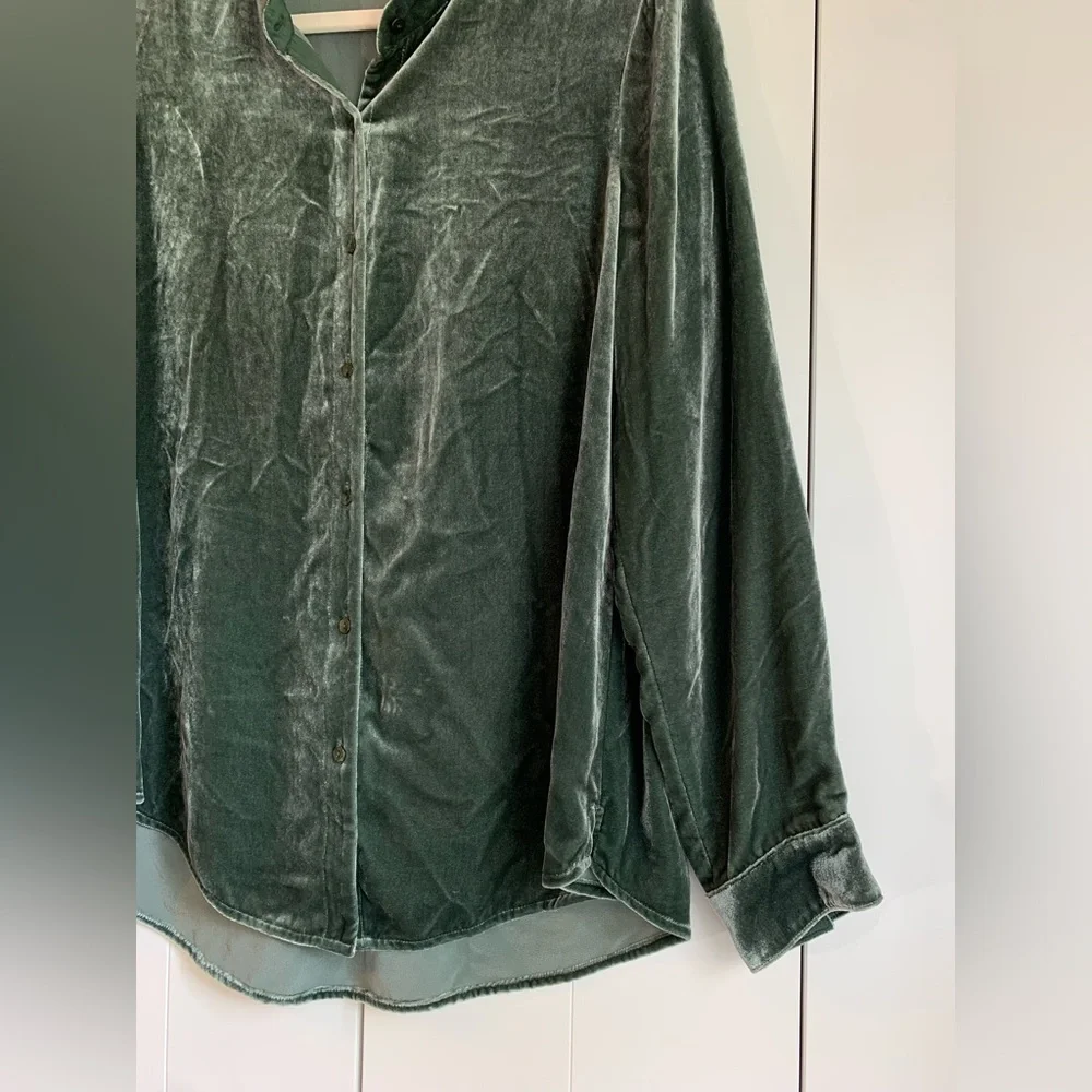 Eileen Fisher Velvet Band Collar Long Shirt Green Size LP Large Petite - Picture 3 of 5